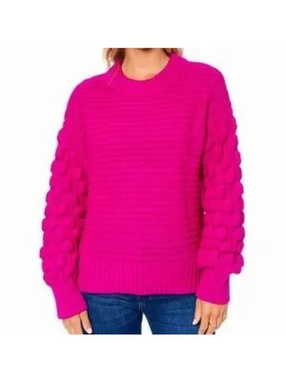 Elodie Chunky Knit Ribbed Neck Sweater Bright Pink Orchid Bubble Sleeve Sz Large